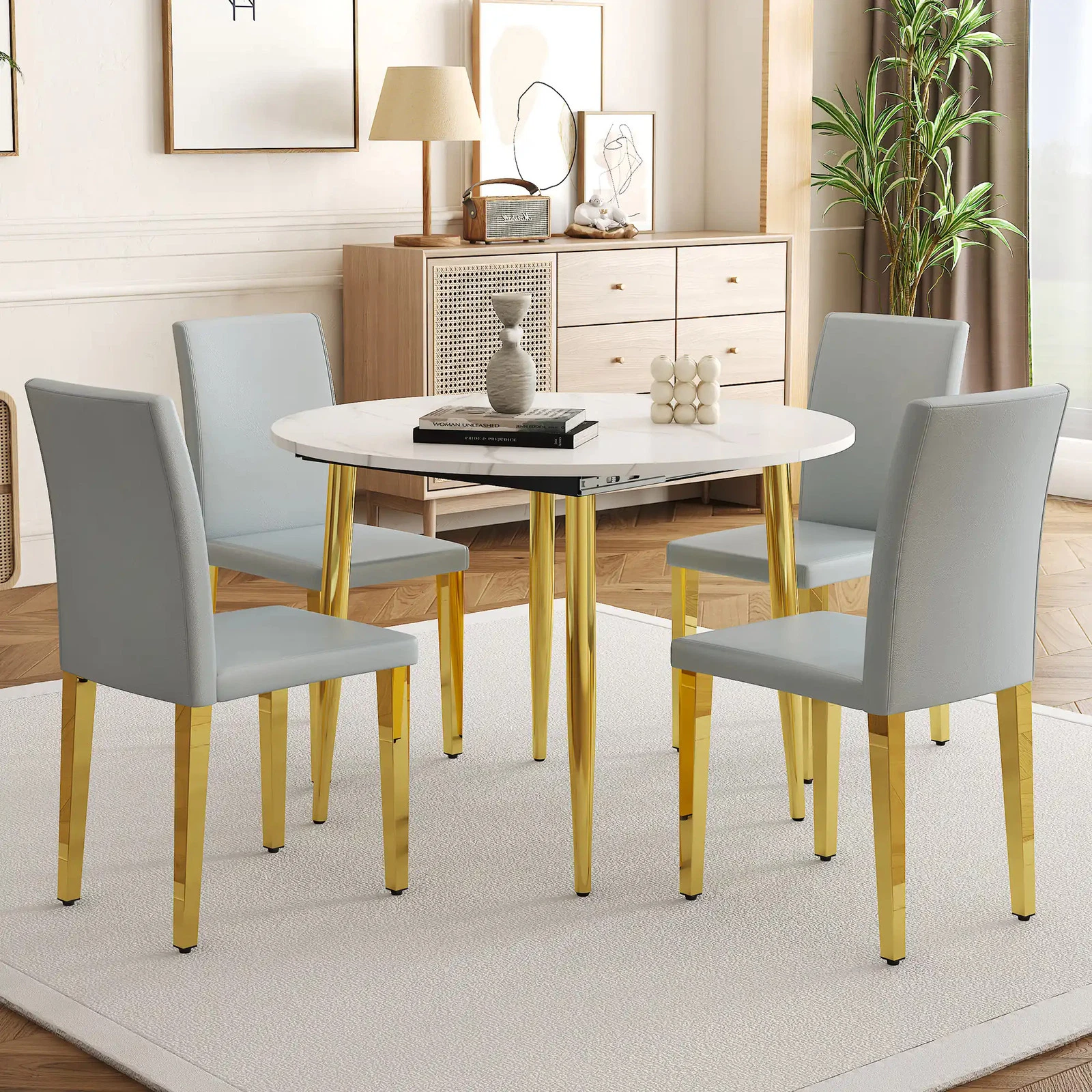 Table and chair set.Extendable MDF Dining Table.Paired with 4 light gray PU dining chairs.The pull-out table is ideal fo
