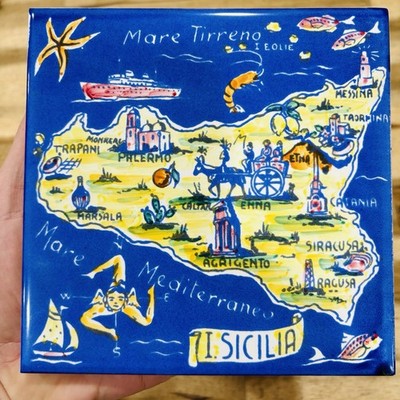 Marazzi Sassuolo Map of Sicily Ceramic Tile Wall Art Handpainted Vtg 6x6 Italy