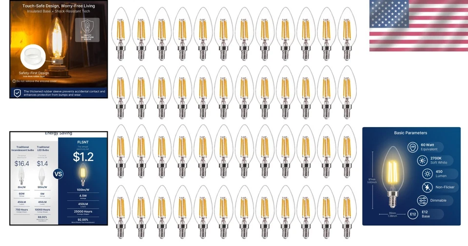 48 Pack LED Candelabra Bulbs Soft White Light, Dimmable, E12 - Image 2 of 4
