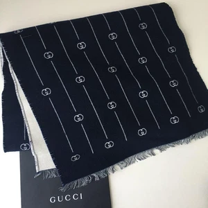 Foulard rayé GUCCI GG bleu marine blanc laine coton unisexe 35x180 cm