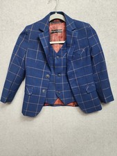 YuanLu Boys 7Y Blue Windowpane Blazer Vest Set Formal Dressy Wedding Outfit