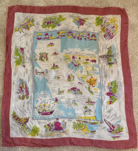 Vintage Silk Souvenir SCARF California Map Landmarks 1940s-50s Hand Rolled RARE