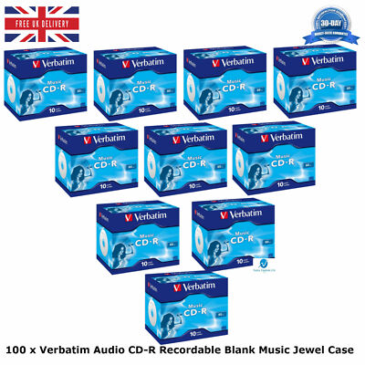 100 x Verbatim Audio CD-R 700MB Jewel Case beschreibbar Rohling Musik 80 Min 43365
