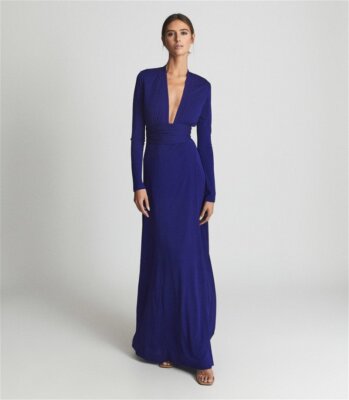 REISS Bailey-Jersey Plunge Neck Maxi Dress in Cobalt Blue | eBay