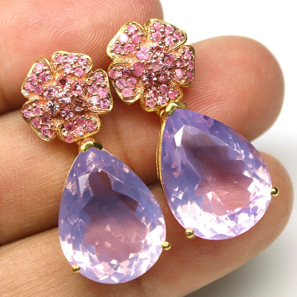 Piedra preciosa 15 x 20 mm. Pendientes de cuarzo lavanda y zafiro rosa plata 925 Foto 2 de 4