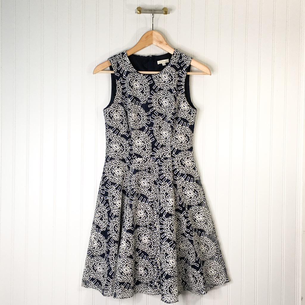 Shoshanna Womens A Line Dress Blue Beige Geometric Sleeveless Lined Zip Crew 0 Shoshanna Womens A Line Dress Blue Beige Geometric Sleeveless Lined Zip Crew 0
