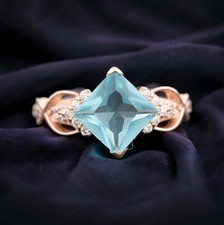925 Sterling Silver 6 mm Square Shape Natural Aquamarine Ring Cubic Zirconia