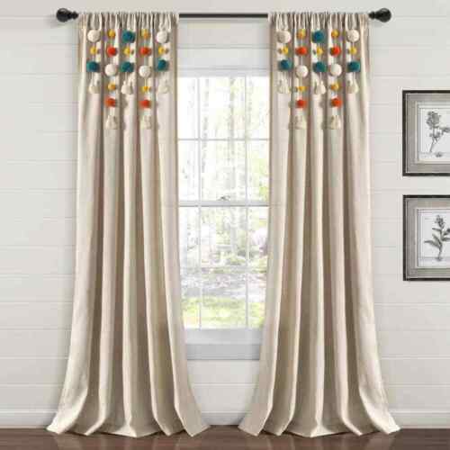 Boho Pom Pom Tassel Linen Window Curtain Panel Turquoise/Orange Single 52X84