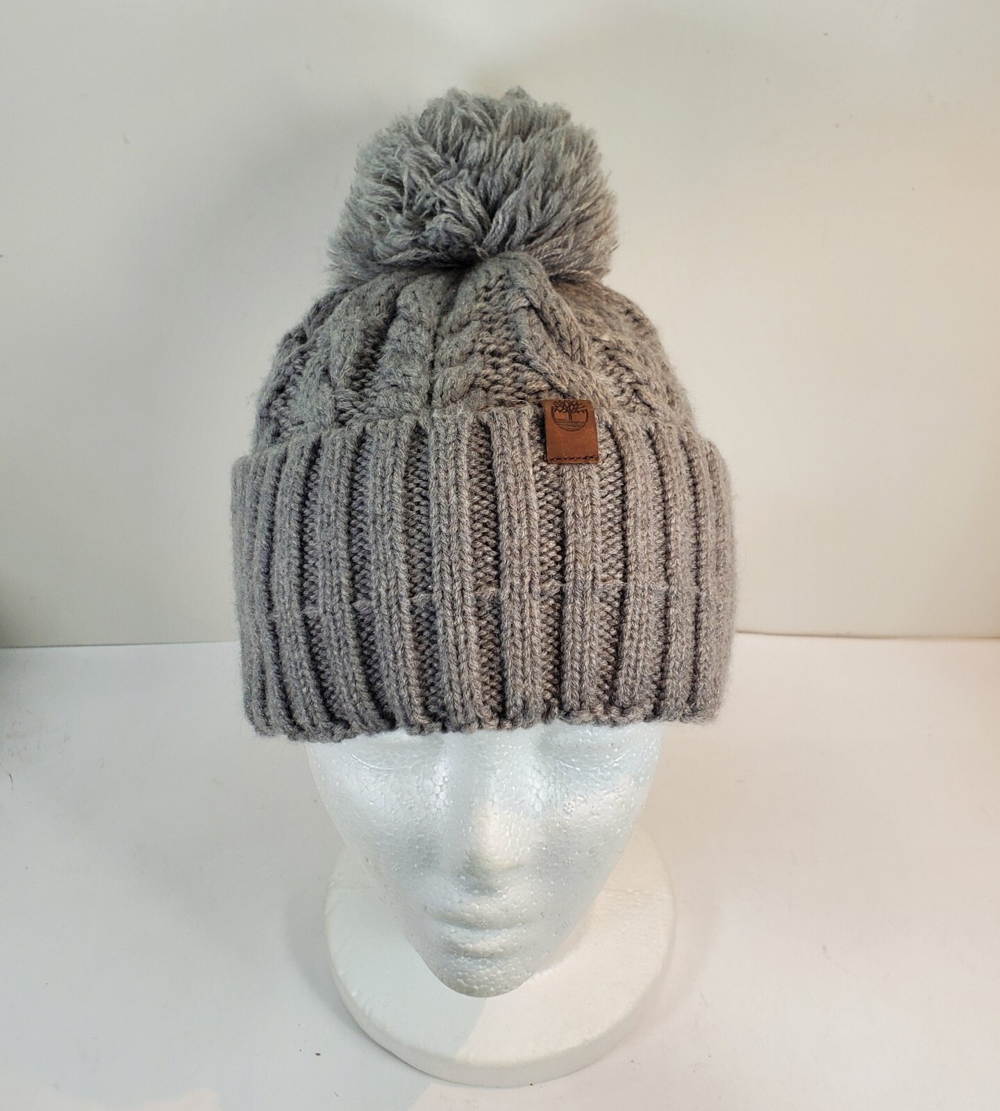 Timberland Women's Grey Cable Knit Beanie Hat With Faux Fur Pom