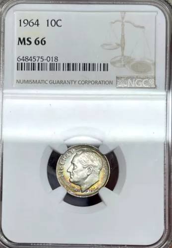 Rainbow Toned 1964 Roosevelt Dime NGC MS66 