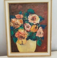 Painting flower po t" Roses" Signed.  Peinture pot de fleur" Roses" signée LYK