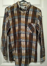 Vintage 70's Montgomery Ward Plaid Button Brown Blue Flannel Shirt Large 18