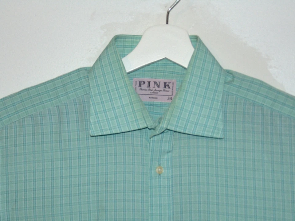 Camisa de vestir verde manga larga Thomas rosa para hombre 16-35 algodón a cuadros Foto 3 de 4