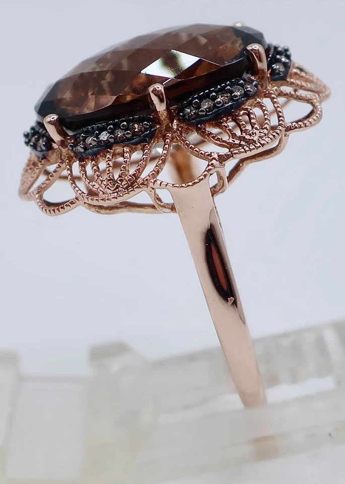 Designer 10K Rose Gold Smoky Topaz & Chocolate Diamond Size 7 Ring 4.49 Grams - Image 4 of 4