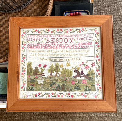 VTG Framed Counted Cross Stitch Sampler Folk Art Alphabet Horse Fox Hunt 1986