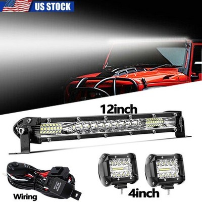 12''450W LED Light Bar Combo+2x 4inch Pods For Jeep For Truck SUV ATV+Wired Kit