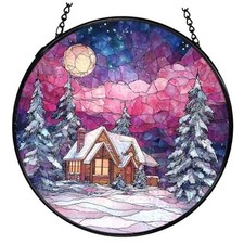 Winter Scene Christmas Suncatchers Stained Glass Window Hanging, Farmhouse