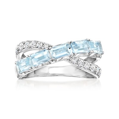 Ross-Simons Aqua & Lab-Grown Diamond Crisscross Rng in Silver