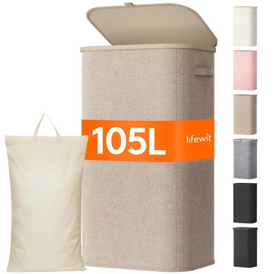 Lifewit 105L Large Laundry Basket with Lid, Hamper 105L, Beige
