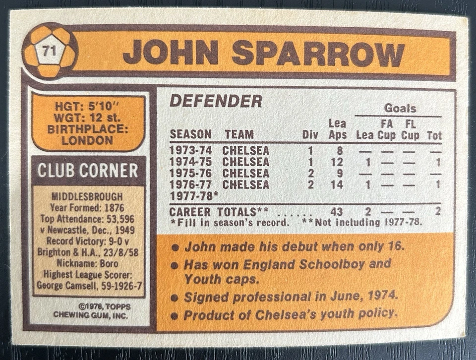 Topps Football Card 1978/79, #71 John Sparrow, Chelsea - Image 2 of 4