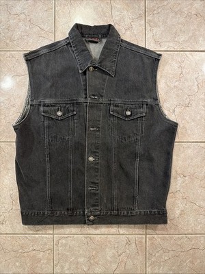 Biker Vest L Men Unique Black Denim Vest USA Made FADED NATIVE SKELETON BACK