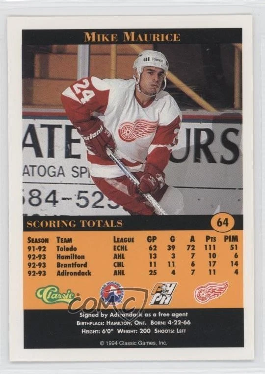 1994 Classic Pro Hockey Prospects Mike Maurice #64 - Image 2 of 2