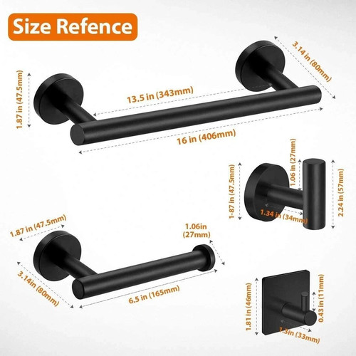 6 Pcs Black Bathroom Hardware Set Stainless Steel Towel Bar Towel Racks Hooks - Picture 2 of 18
