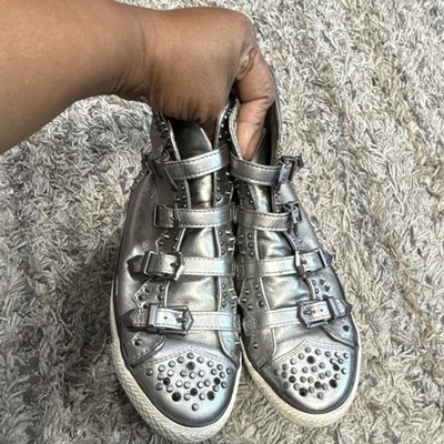 Ash Silver Studded Buckle Women's Athletic Sneakers High Top sz 38