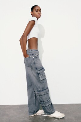 ZARA WOMEN MID-RISE TRF CARGO JEANS SZ 8 EUR 40 | 3607/032