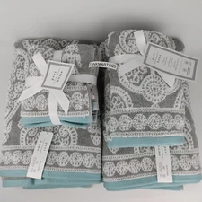 8Pc Set Peri Home Bath Towel Set 2 Bath 2 Hand 4 Washcloths Grey Teal Blue White