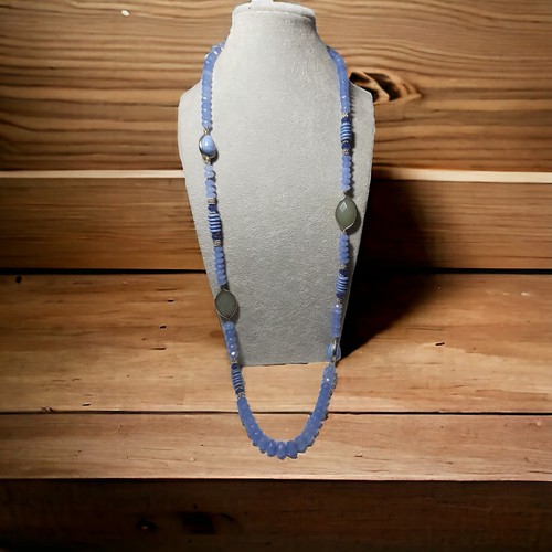 Chicos Long Necklace Assorted Blue Green & Silver Beads Faceted 36" - 第 1/15 張圖片
