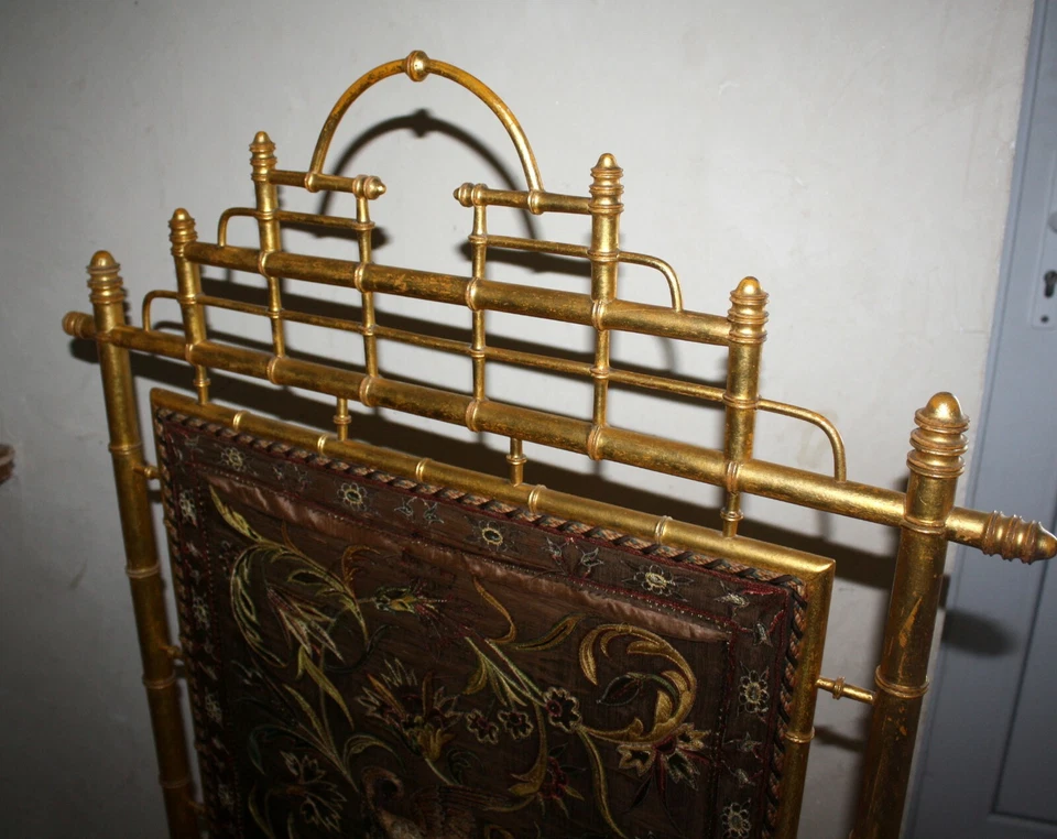 Grand ecran pare feu Napoleon III Broderie Bois doré Bambou XIX ème * - Photo 2/4