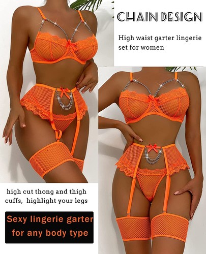 Underwired Bra Thong Garter Set Lingerie for Women Fishnet Sexy Lace 4 Piece Set - Picture 31 of 39