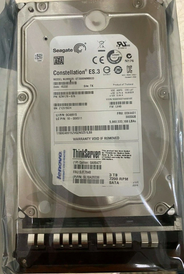 03T7848 0A89477 Lenovo ThinkServer 3TB 7.2K SATA 6Gb/s 3.5" HDD ST3000NM0033 - Image 3 of 4