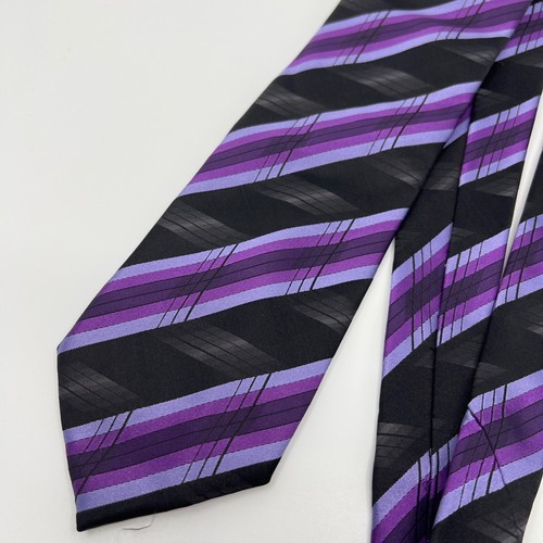 Bugatchi Uomo Necktie Mens Purple Shirt Tie Seta Silk Designer Black Striped - Picture 2 of 9