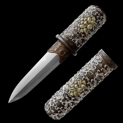 25CM Brass SAYA Peony Mini Sword Clay Tempered Damascus Steel Dagger Short Jian