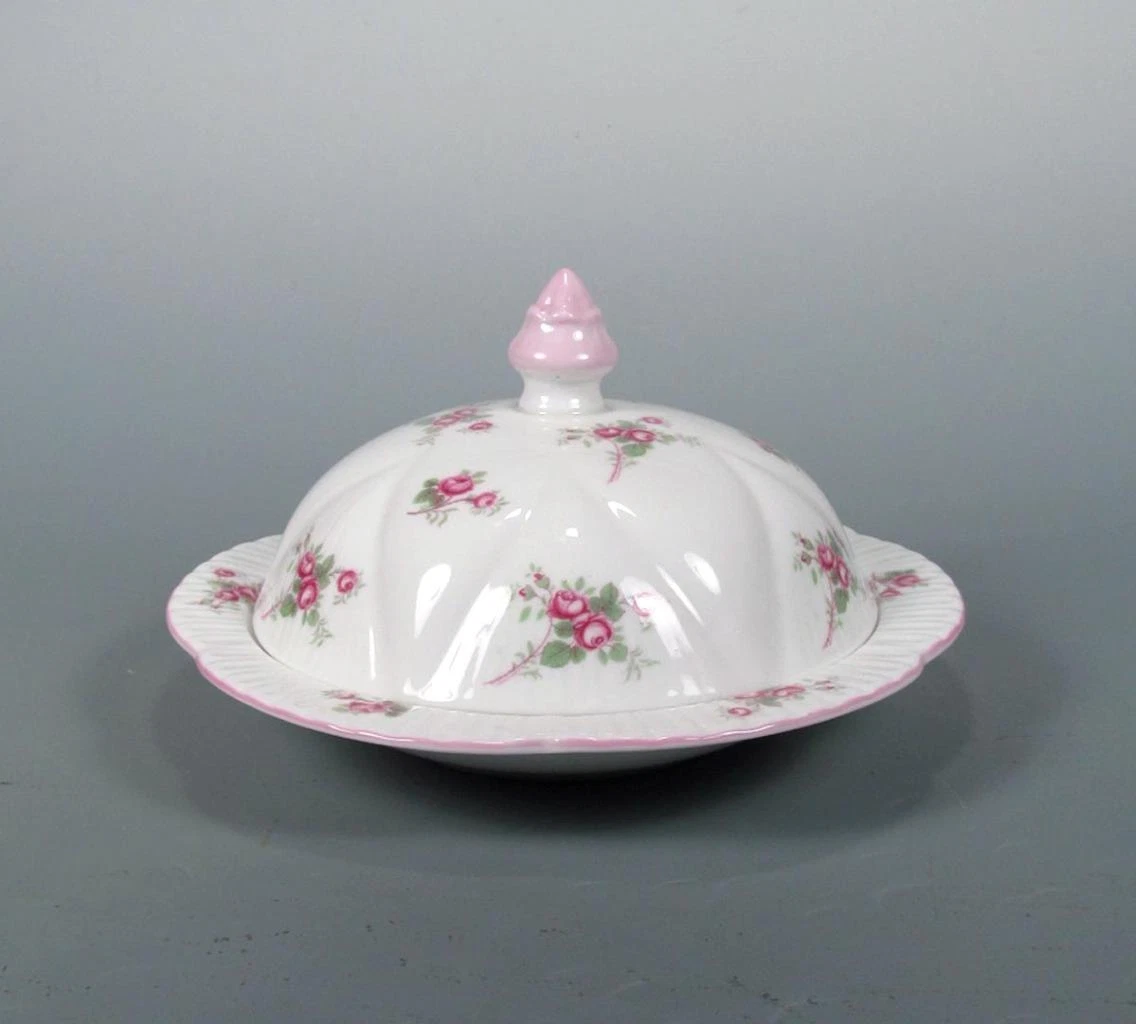 Shelley England Bridal Rose Spray Bone China 7 1/8" Covered Butter Dish MINTY!