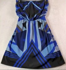 Express Mini Dress Womens S/P Blue Geo Print 100% Polyester Sleeveless Pleated