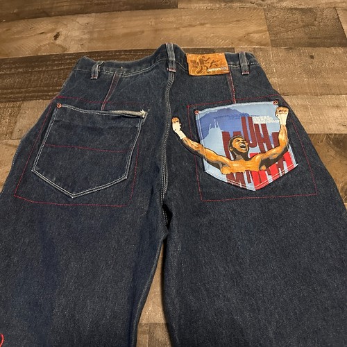 Pantalones de mezclilla vintage FUBU platino Muhammad Ali 30x33 para hombre holgados rectos Y2k difíciles de encontrar raros - Imagen 2 de 12