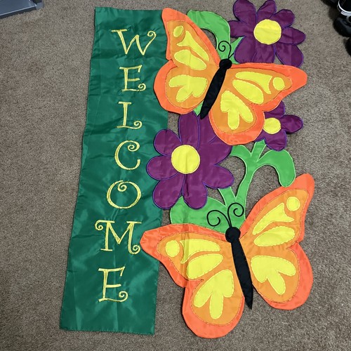 Cut Out Butterfly Spring Welcome Yard Garden Flower Flag 27x41” Vinyl Double Sid - Picture 8 of 11