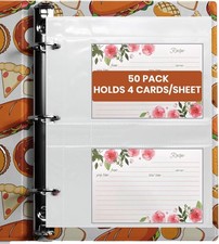Recipe Card Protectors 4x6 3 Ring Binder 50 Pack 200 Pockets Clear Sleeves