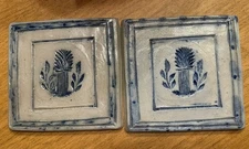 ROWE Pottery Works Salt Glazed Stoneware 2 Trivets Tile Blue Wheat Sheaves 6"