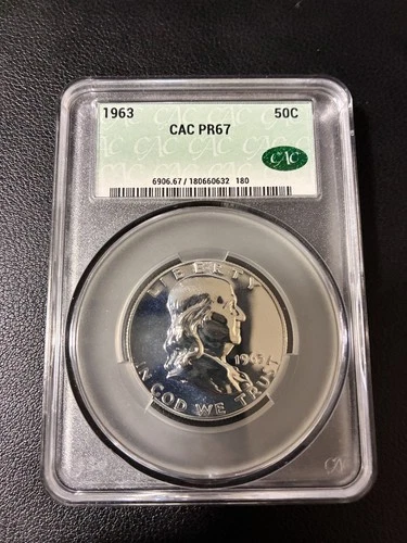 1963 Proof Franklin Half Dollar 50c CAC Grading PR67 - Standard Label - Green