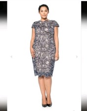 Tadashi Shoji Navy Nude Lace Floral Embroidered Sheath Dress 18Q Plus