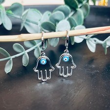 Hamsa Evil Eye Protection Earrings  Huggie Hoops 14k White Gold Plated Mystical