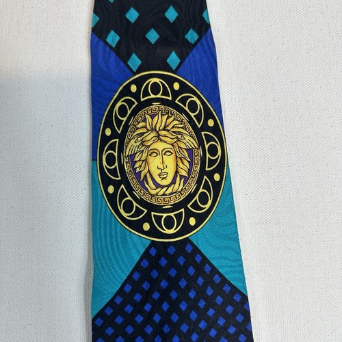 Gianni Versace Vintage 90’s Baroque Medusa Geometric Plaid Blue Silk Men’s Tie - Bild 2 von 8