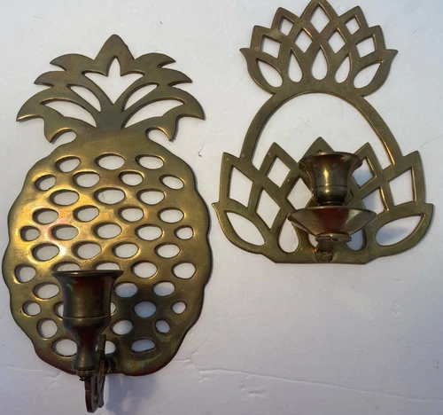 Vintage Set Of 2 Brass Pineapple Wall Candle Sconces 9.5" Long
