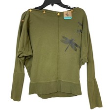 Upcycled Hand Printed Womens Small Dragonfly Snap Neck Long Sleeve Sweatshirt