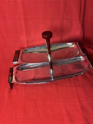 Serving Tray 2 Tier Chrome Cherry Red Bakelite Handles Legs MCM Canada Glo-Hill