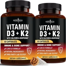 2 PACK Vitamin D3 5,000 IU + K2 MK-7 100 mcg 2-in-1 Bone, Immune & Heart Support